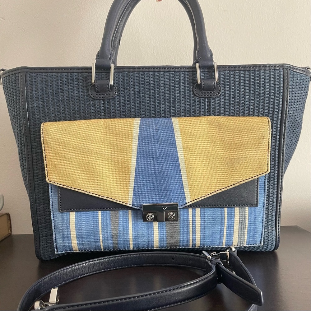 Tory Burch T-Lock Straw Tote Bag